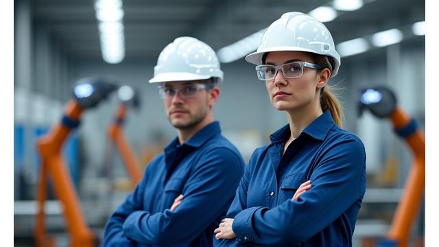 Engineers observing machinery in a modern factory, illustrating manufacturing and industrial leadership.